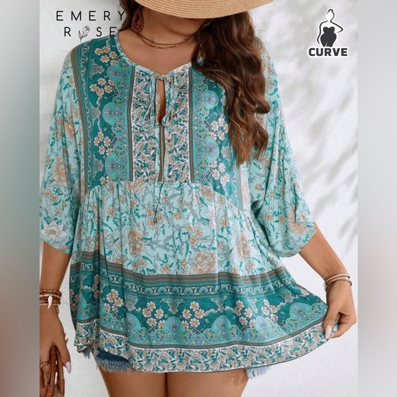 Teal Blue V-Neck Boho Blouse - Picture 4 of 6